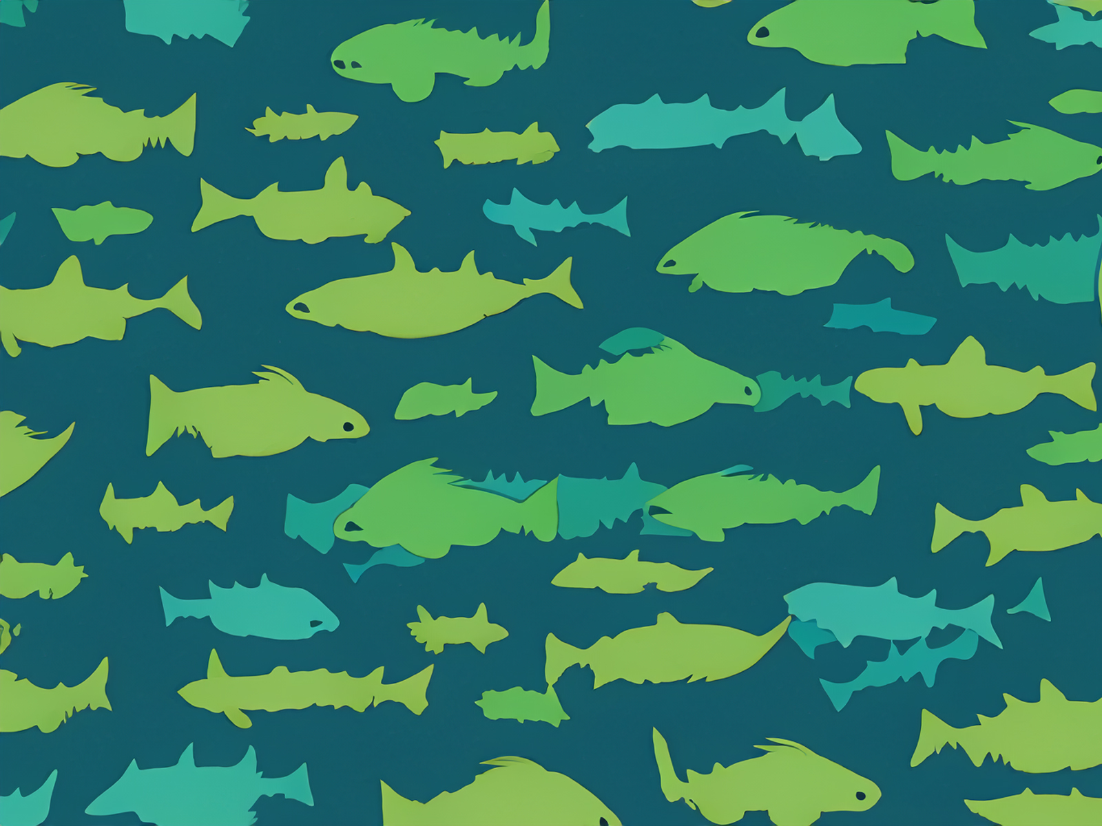 Cartoon fish in shades of green swim against a solid blue background