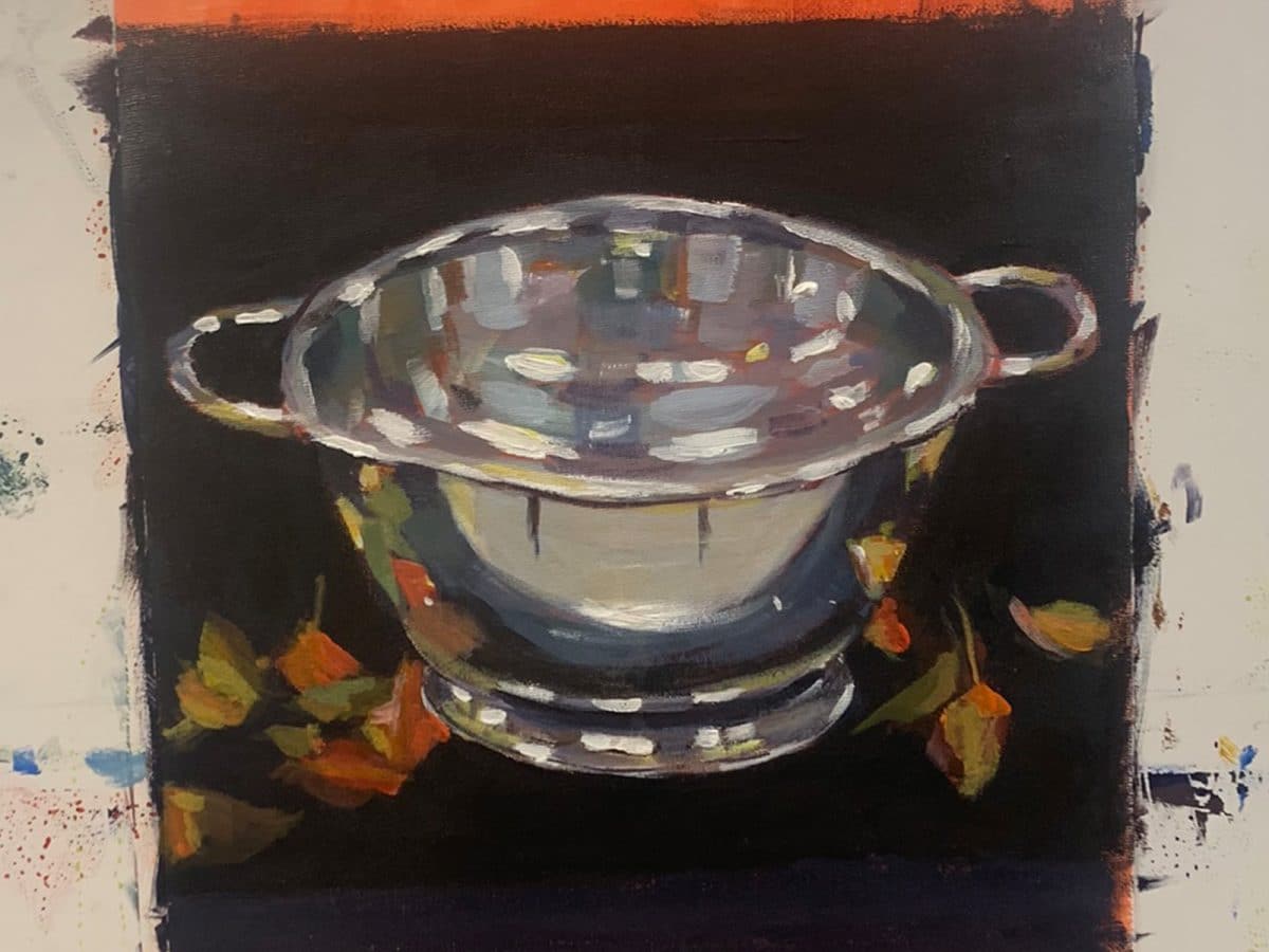 a painting of a silver colander