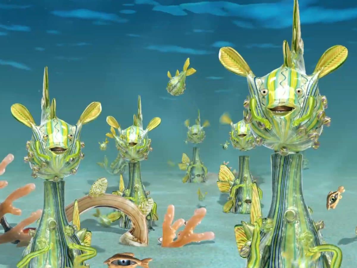 animated glass fish like creatures perch on stands in an underwater scene