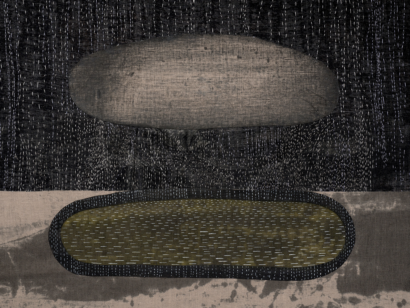 A mixed media image in muted colours. A black top half with small white dashes and a large grey oval shape. The bottom half has an oval shape with a black outline and a muddy yellow centre on a mottled grey background.