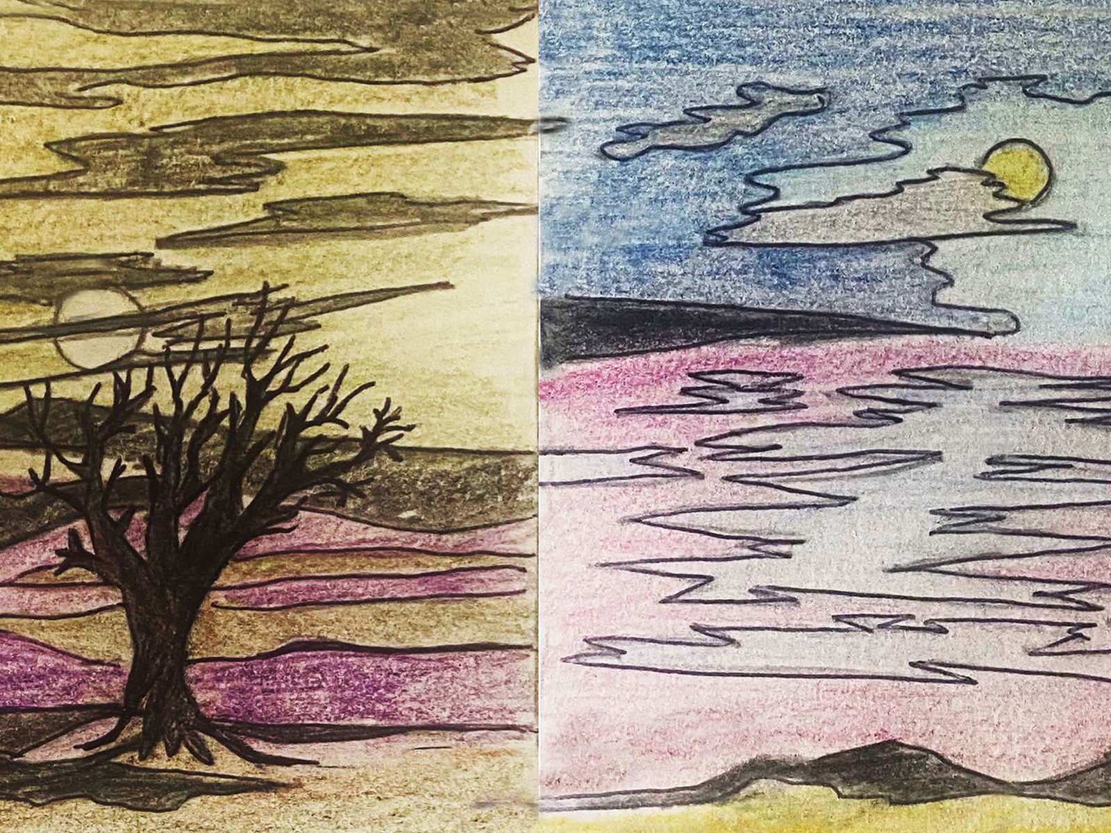 A coloured sketch - on the left in a tree in a landscape and a moon. On the right is a landscape and the sun slightly obscured by a cloud.